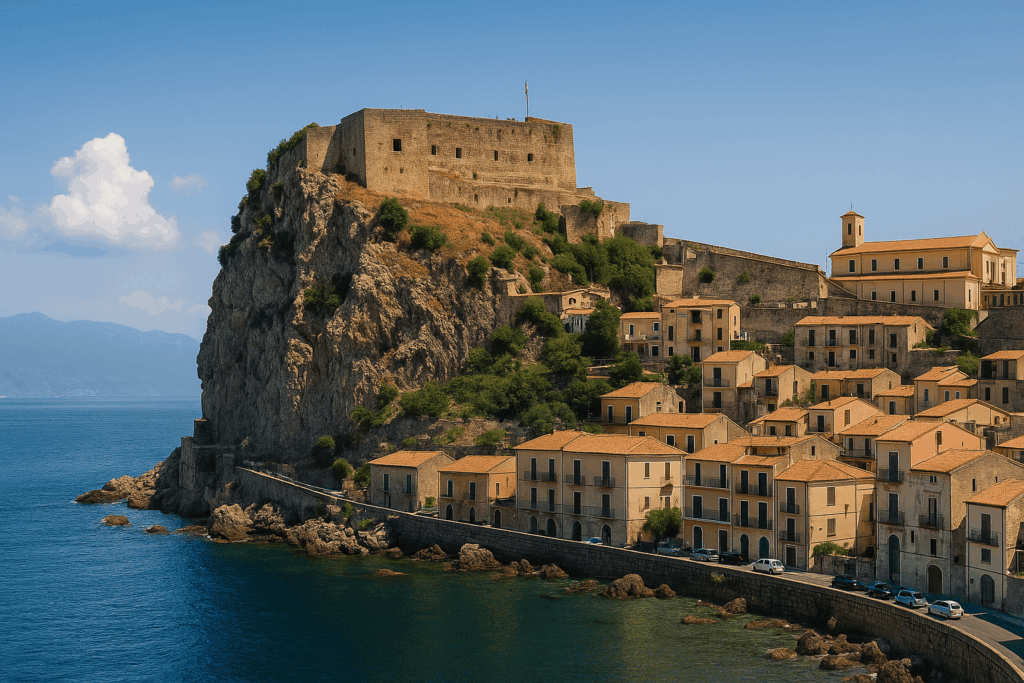 Un castello medievale che si erge sulla cima di una collina a Scilla, offrendo una vista panoramica sulla costa.