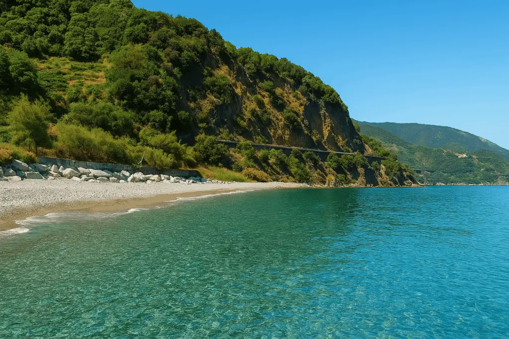 Scorcio visto dal mare della spiaggia di Favazzina con sabbia bianca e finissima, circondata da rocce e scogli.