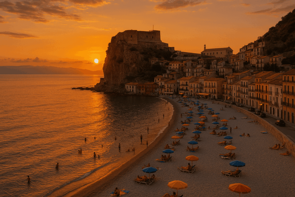 Scorcio della spiaggia di Scilla al tramonto con sabbia bianca e finissima, circondata da rocce e scogli.