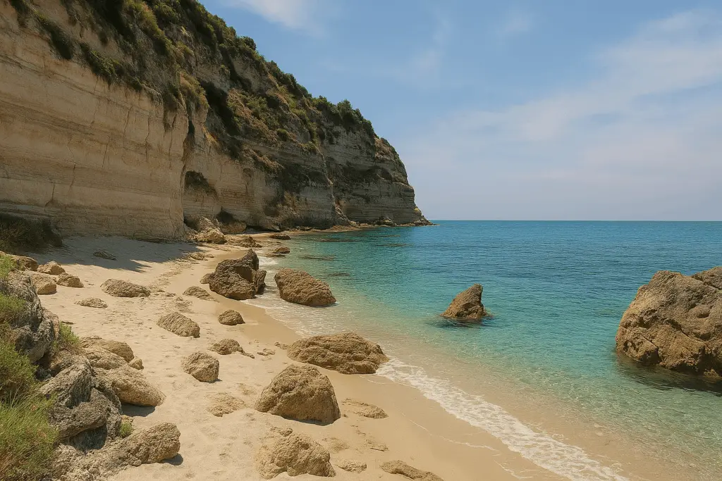 Scorcio della spiaggia di Santa domenica di Ricadi una spiaggia di sabbia bianca e finissima, circondata da rocce e scogli.