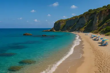 La spiaggia di Riaci è un angolo incantevole, circondato da falesie e natura rigogliosa, ideale per rilassarsi anche in alta stagione.