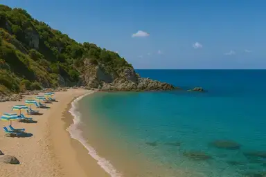 Scorcio della spiaggia di Grotticelle, con la sua sabbia chiara e fine, bagnata da un mare limpido e azzurro