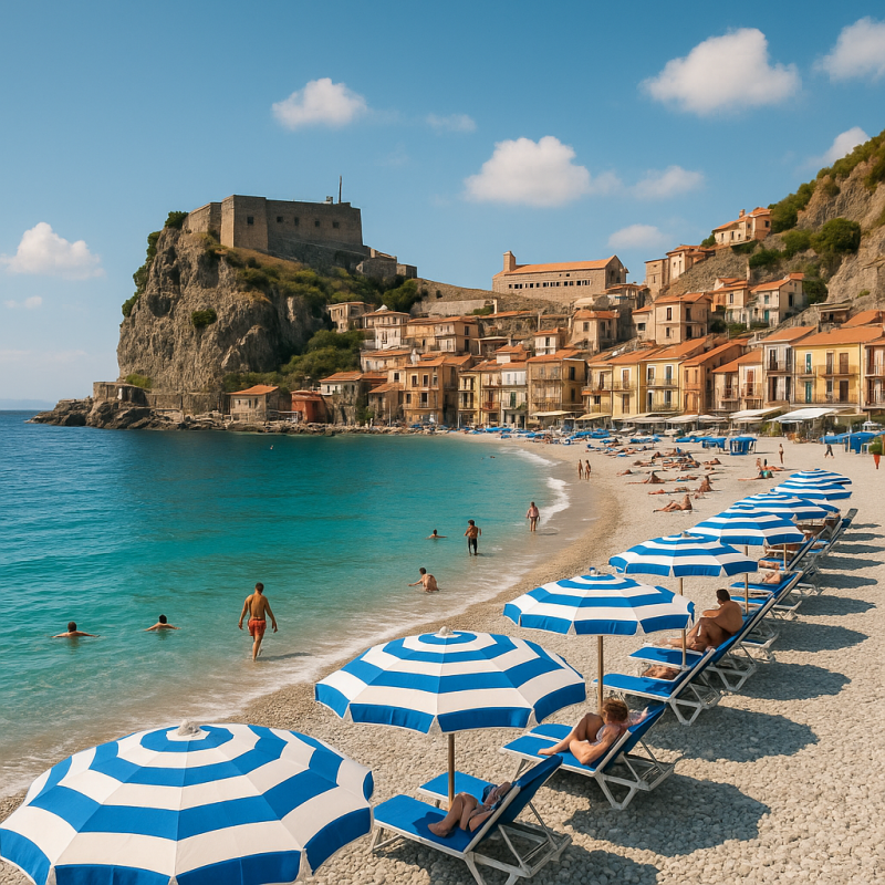 Scorcio della Spiaggia di Scilla con vista sui lidi e sullo storico castello medievale
